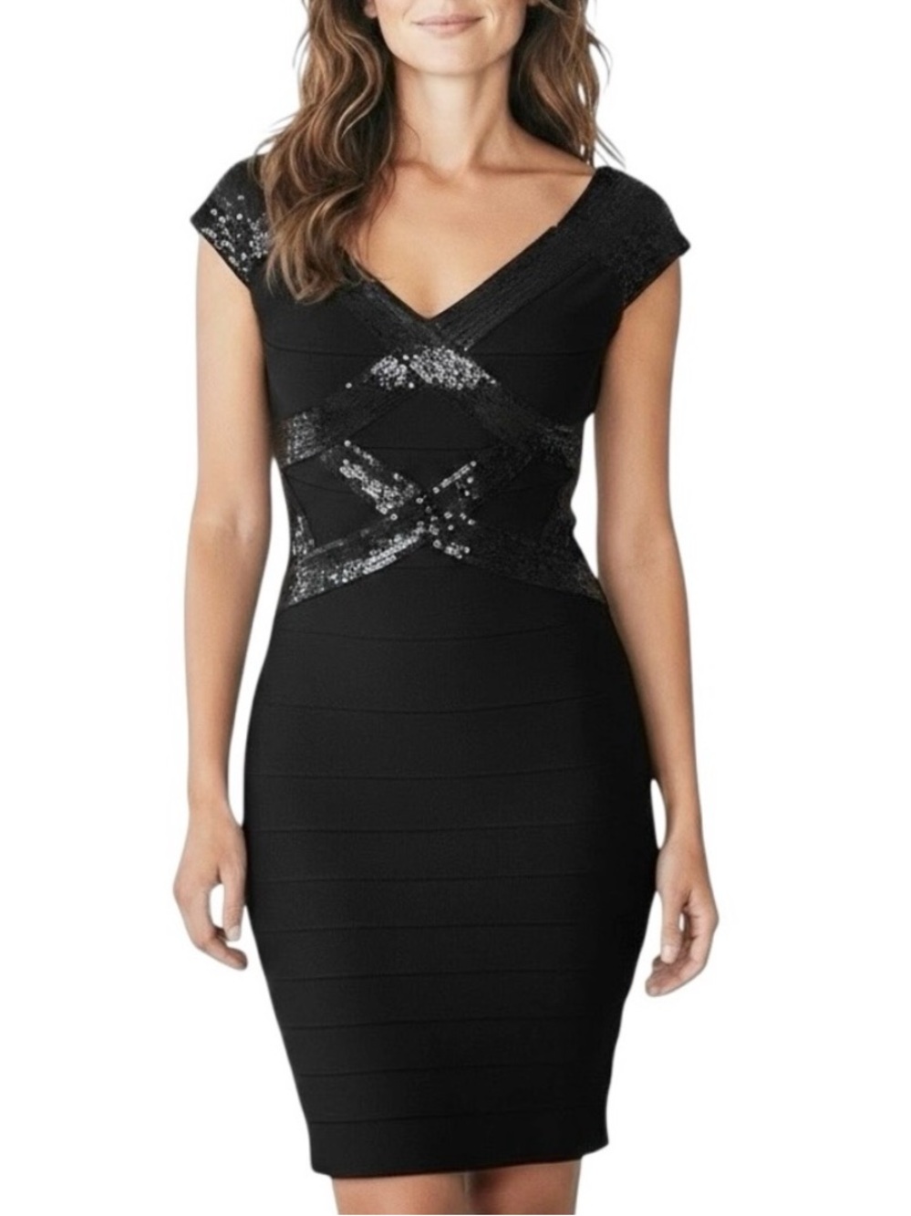 Cartise Black Sequin Cocktail Dress Size 14 Bandage Sequined